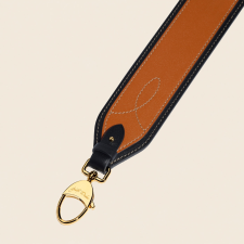 JOSEPH DUCLOS DECORATIVE STITCHING STRAP IN CHâTAIGNIER MEZZO LEATHER GOLD PLATED BRASS CHâTAIGNIER & BLACK