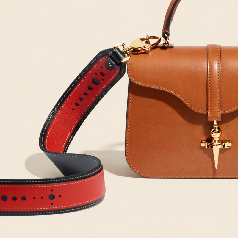 JOSEPH DUCLOS PERFORATED LEATHER STRAP IN COQUELICOT MEZZO LEATHER COQUELICOT & BLACK, PALLADIUM PLATED BRASS