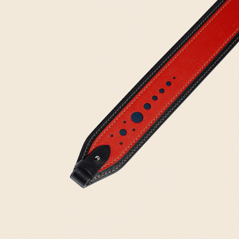 JOSEPH DUCLOS PERFORATED LEATHER STRAP IN COQUELICOT MEZZO LEATHER COQUELICOT & BLACK, PALLADIUM PLATED BRASS