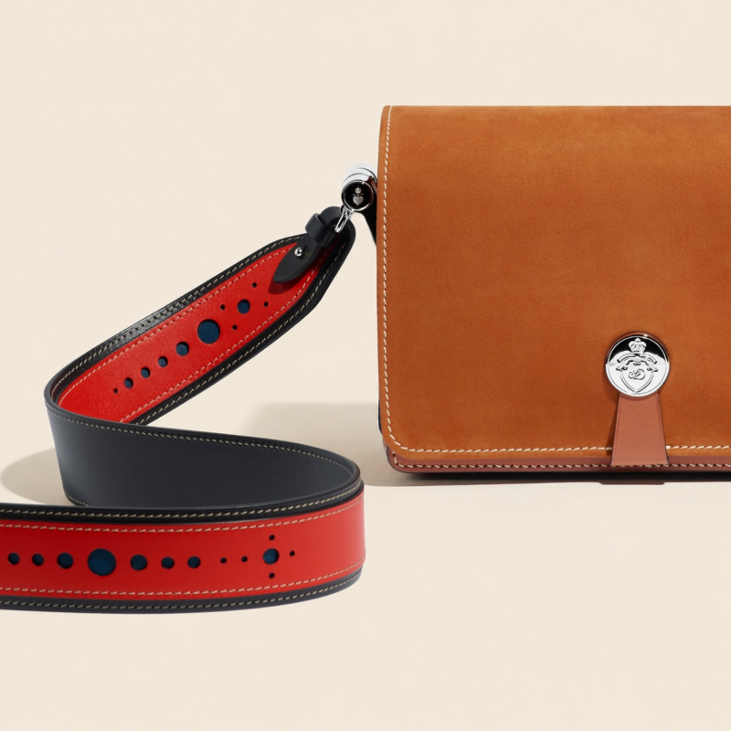 JOSEPH DUCLOS PERFORATED LEATHER STRAP IN COQUELICOT MEZZO LEATHER COQUELICOT & BLACK, PALLADIUM PLATED BRASS