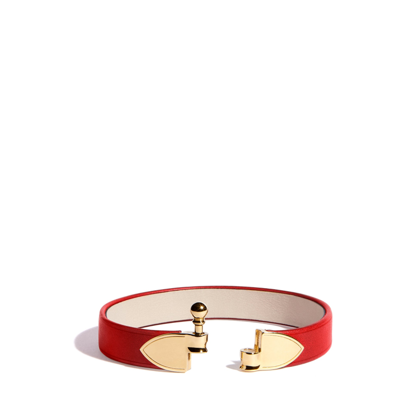 JOSEPH DUCLOS DIANE FLèCHE BRACELET IN COQUELICOT HéRITAGE LEATHER GOLD PLATED BRASS COQUELICOT