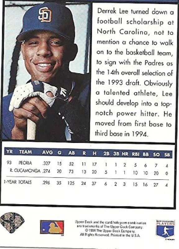 UPPER DECK BASEBALL CARD SAN DIEGO PADRES - FREE SHIPPING 1994 DEREK LEE TOP PROSPECTS 539