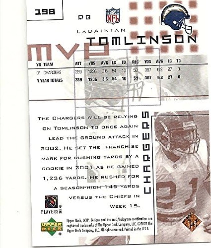 UPPER DECK LADAINIAN TOMLINSON MVP FOOTBALL CARD 198 SAN DIEGO CHARGERS FREE SHIPPING 2002