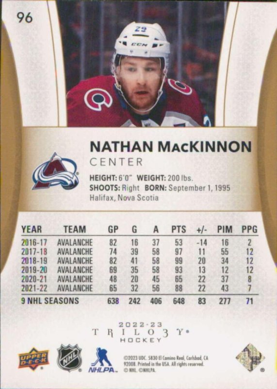 UPPER DECK TRILOGY NATHAN MACKINNON 96 COLORADO AVALANCHE HOCKEY CARD 2022-23