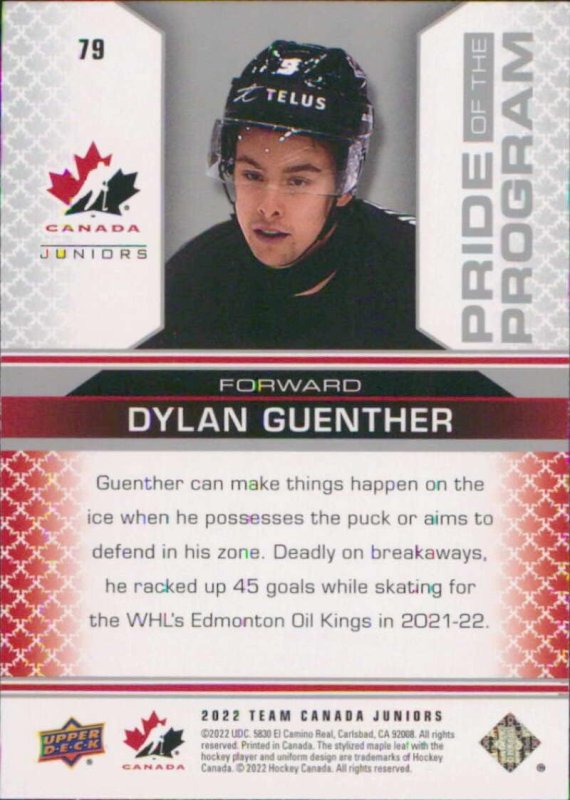 UPPER DECK TEAM CANADA JUNIORS 79 DYLAN GUENTHER HOCKEY CARD - GOTBASEBALLCARDS 2022