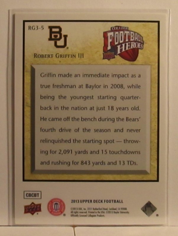 UPPER DECK FOOTBALL HEROES CARD RG3-5 BAYLOR BEARS ALL AMERICAN ROBERT GRIFFIN III 2013