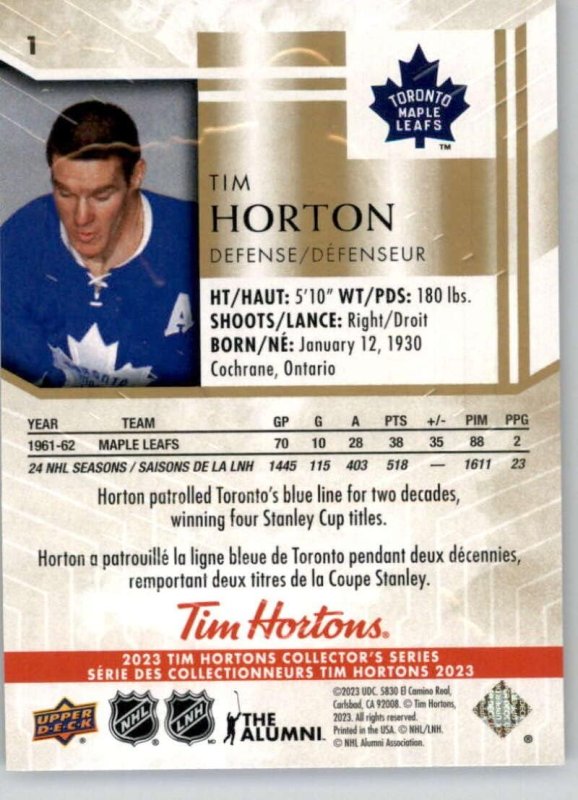UPPER DECK TIM HORTONS LEGENDS 1 TIM HORTON TORONTO MAPLE LEAFS HOCKEY CARD 2023
