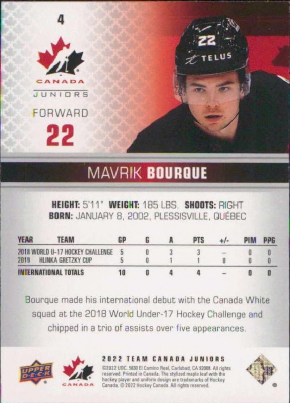 UPPER DECK TEAM CANADA JUNIORS 4 MAVRIK BOURQUE HOCKEY CARD - TEAM CANADA 2022