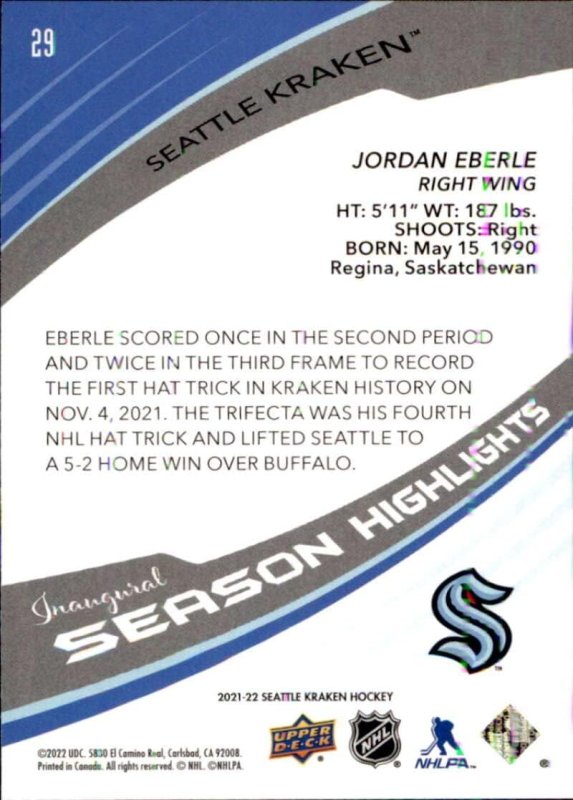 UPPER DECK SEATTLE KRAKEN HOCKEY CARD BOX SET 29 JORDAN EBERLE COLLECTOR CARD 2021-22