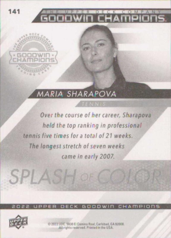 UPPER DECK GOODWIN CHAMPIONS SPLASH OF COLOR 141 MARIA SHARAPOVA TENNIS CARD 2022