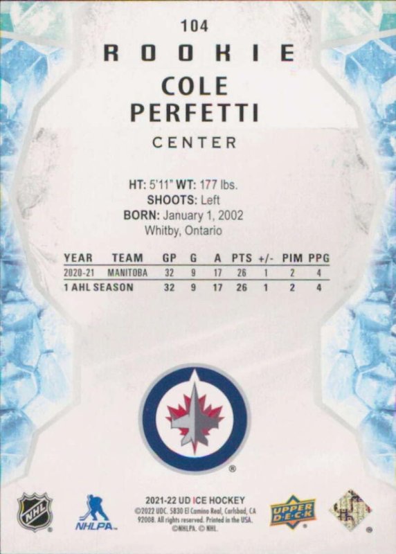 UPPER DECK ICE 104 COLE PERFETTI WINNIPEG JETS ROOKIE HOCKEY CARD 2021-22