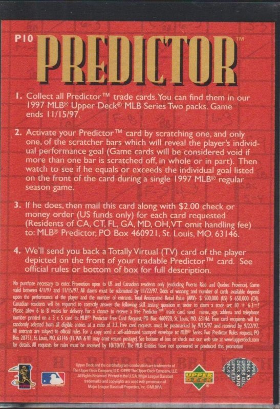 UPPER DECK PREDICTORS P10 ALBERT BELLE BASEBALL CARD COLLECTIBLE SPORTS TRADING CARD 1997