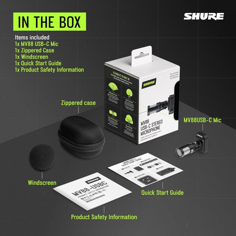 SHURE MV88 USB-C MOBILE MICROPHONE BLACK HIGH-QUALITY AUDIO RECORDING FOR SMARTPHONES