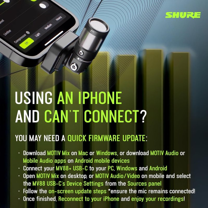 SHURE MV88 USB-C MOBILE MICROPHONE BLACK HIGH-QUALITY AUDIO RECORDING FOR SMARTPHONES