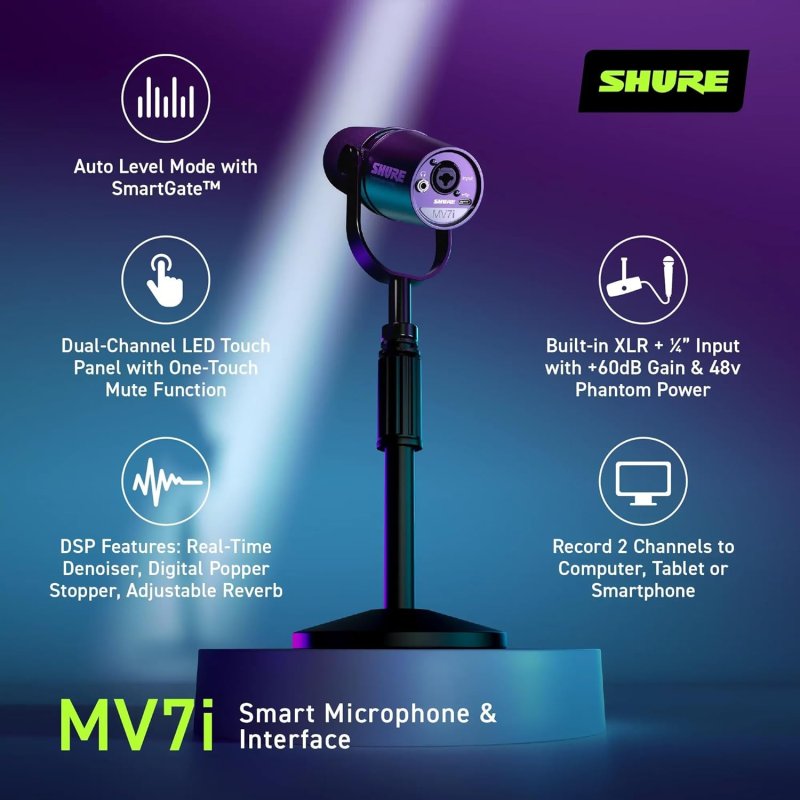 SHURE MV7I USB-C SMART MICROPHONE WITH BUILT-IN AUDIO INTERFACE FOR PODCASTING STREAMING