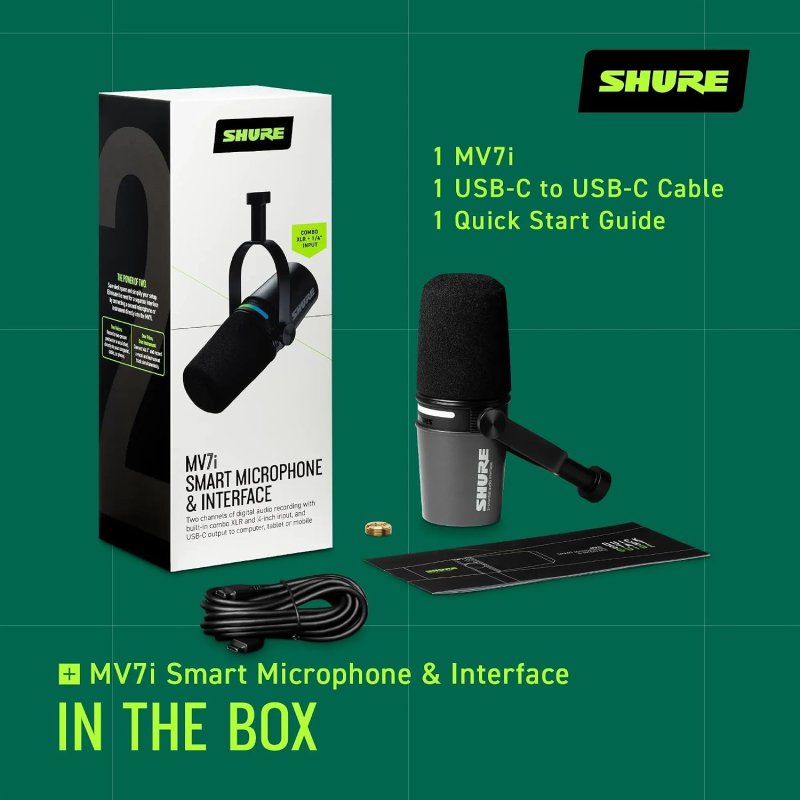 SHURE MV7I USB-C SMART MICROPHONE WITH BUILT-IN AUDIO INTERFACE FOR PODCASTING STREAMING