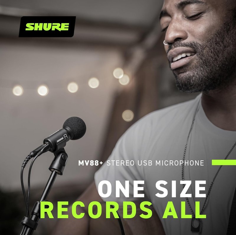 SHURE MV88 STEREO USB CONDENSER MICROPHONE FOR STREAMING, RECORDING, MAC WINDOWS, TRAVEL BLACK