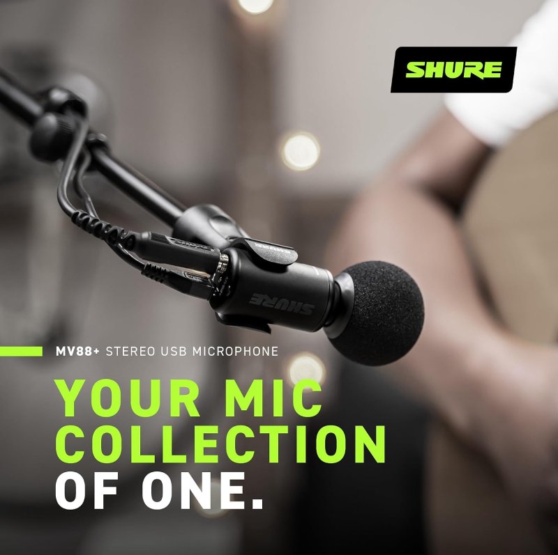 SHURE MV88 STEREO USB CONDENSER MICROPHONE FOR STREAMING, RECORDING, MAC WINDOWS, TRAVEL BLACK