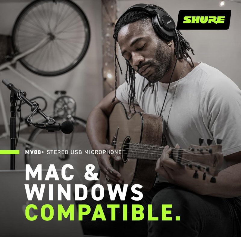 SHURE MV88 STEREO USB CONDENSER MICROPHONE FOR STREAMING, RECORDING, MAC WINDOWS, TRAVEL BLACK