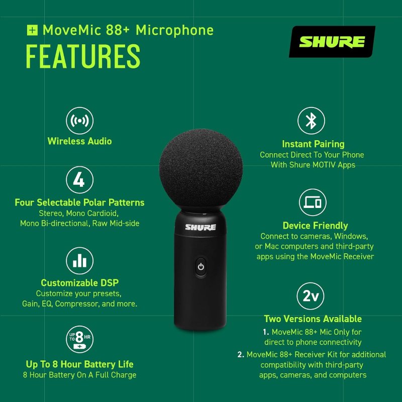 SHURE MOVEMIC 88 WIRELESS STEREO MICROPHONE FOR IPHONE ANDROID WITH DSP 4 POLAR PATTERNS