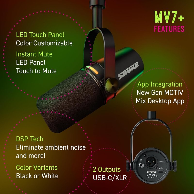 SHURE MV7 USB-C XLR DYNAMIC PODCAST MICROPHONE BLACK PROFESSIONAL STREAMING MIC