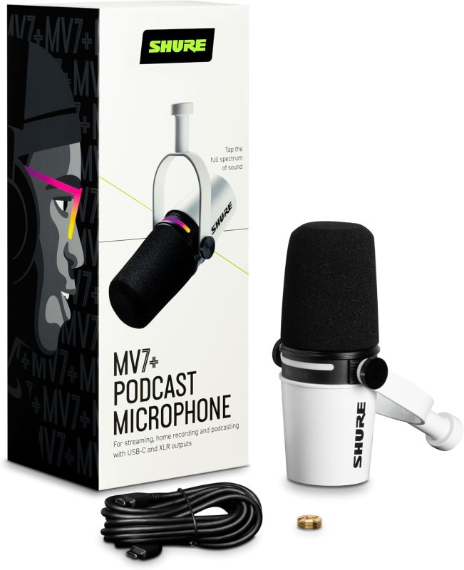 SHURE MV7 WHITE PODCAST MICROPHONE USB-C XLR DYNAMIC MIC FOR STREAMING RECORDING