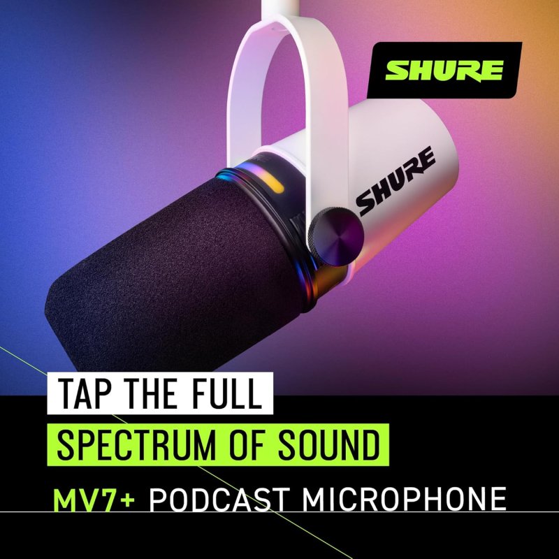 SHURE MV7 WHITE PODCAST MICROPHONE USB-C XLR DYNAMIC MIC FOR STREAMING RECORDING