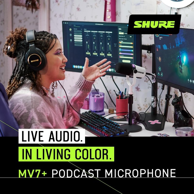 SHURE MV7 WHITE PODCAST MICROPHONE USB-C XLR DYNAMIC MIC FOR STREAMING RECORDING