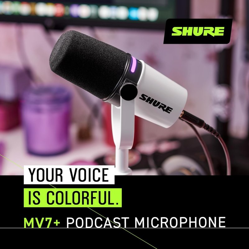 SHURE MV7 WHITE PODCAST MICROPHONE USB-C XLR DYNAMIC MIC FOR STREAMING RECORDING
