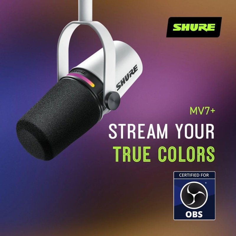 SHURE MV7 WHITE PODCAST MICROPHONE USB-C XLR DYNAMIC MIC FOR STREAMING RECORDING