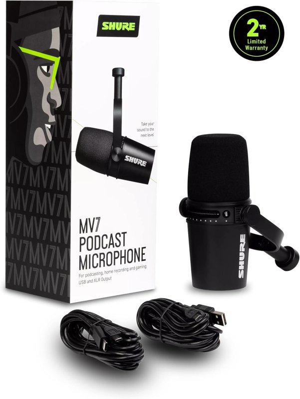 SHURE MV7 USB XLR PODCAST MICROPHONE WITH HEADPHONE OUTPUT, VOICE-ISOLATING TECH, BLACK