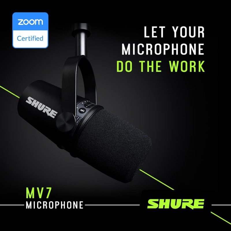 SHURE MV7 USB XLR PODCAST MICROPHONE WITH HEADPHONE OUTPUT, VOICE-ISOLATING TECH, BLACK