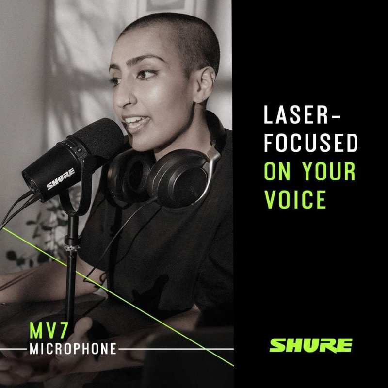 SHURE MV7 USB XLR PODCAST MICROPHONE WITH HEADPHONE OUTPUT, VOICE-ISOLATING TECH, BLACK