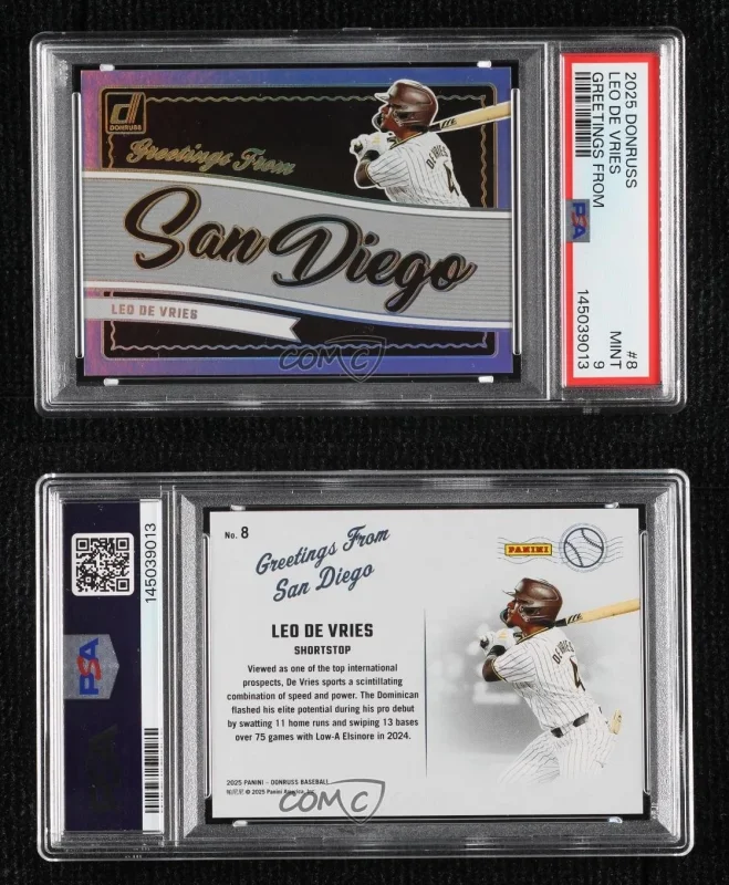 DONRUSS GREETINGS FROM LEO DE VRIES #8 PSA 9 MINT 8D2 SHARE 2025