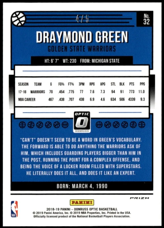 DONRUSS OPTIC #32 DRAYMOND GREEN GREEN #/5 E1 2018-19