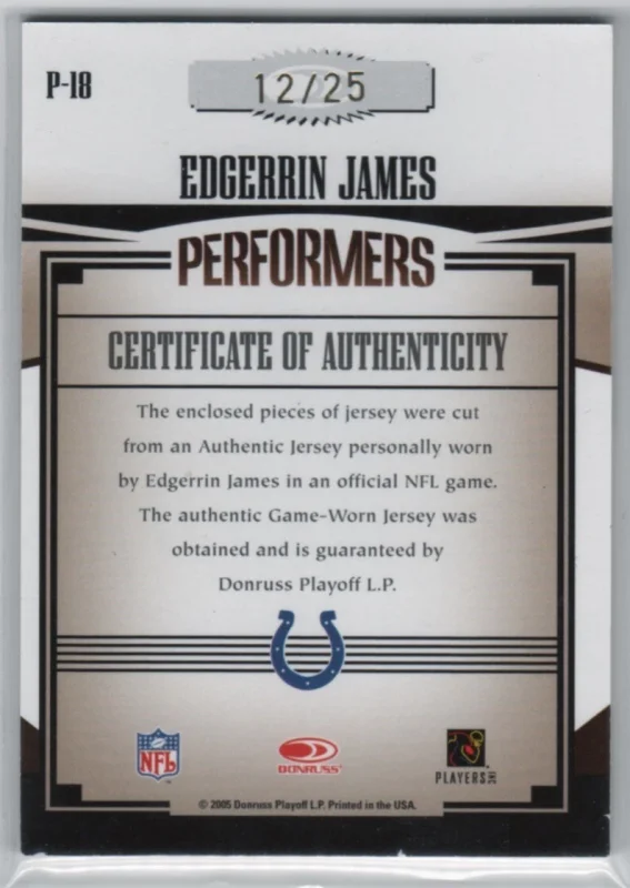 DONRUSS GRIDIRON GEAR PERFORMER JSY PATCH NFL SHIELD #18 EDGERRIN JAMES /25 SHARE 2005