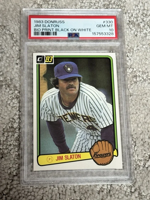 DONRUSS JIM SLATON BIO PRINT ERROR MILWAUKEE BREWERS SHARE PSA 10 BASEBALL CARD 1983
