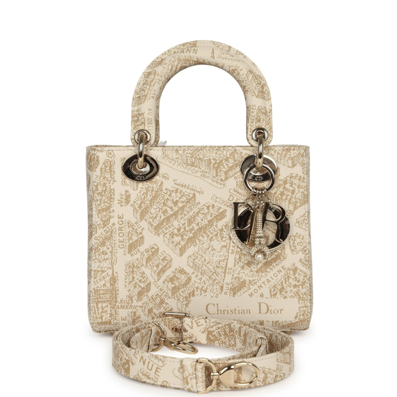 CHRISTIAN DIOR SMALL "PLAN DE PARIS" LADY DIOR BAG NATUREL, WHITE GRAINED CALFSKIN LIGHT GOLD HARDWARE