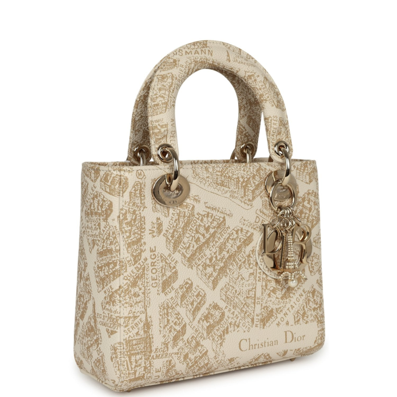 CHRISTIAN DIOR SMALL "PLAN DE PARIS" LADY DIOR BAG NATUREL, WHITE GRAINED CALFSKIN LIGHT GOLD HARDWARE