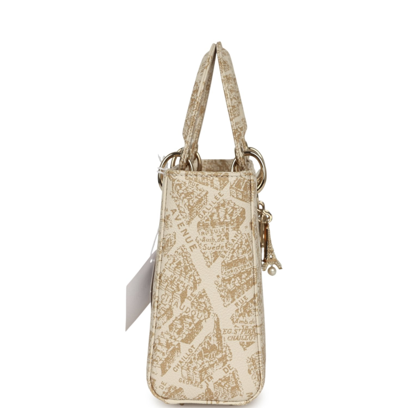 CHRISTIAN DIOR SMALL "PLAN DE PARIS" LADY DIOR BAG NATUREL, WHITE GRAINED CALFSKIN LIGHT GOLD HARDWARE