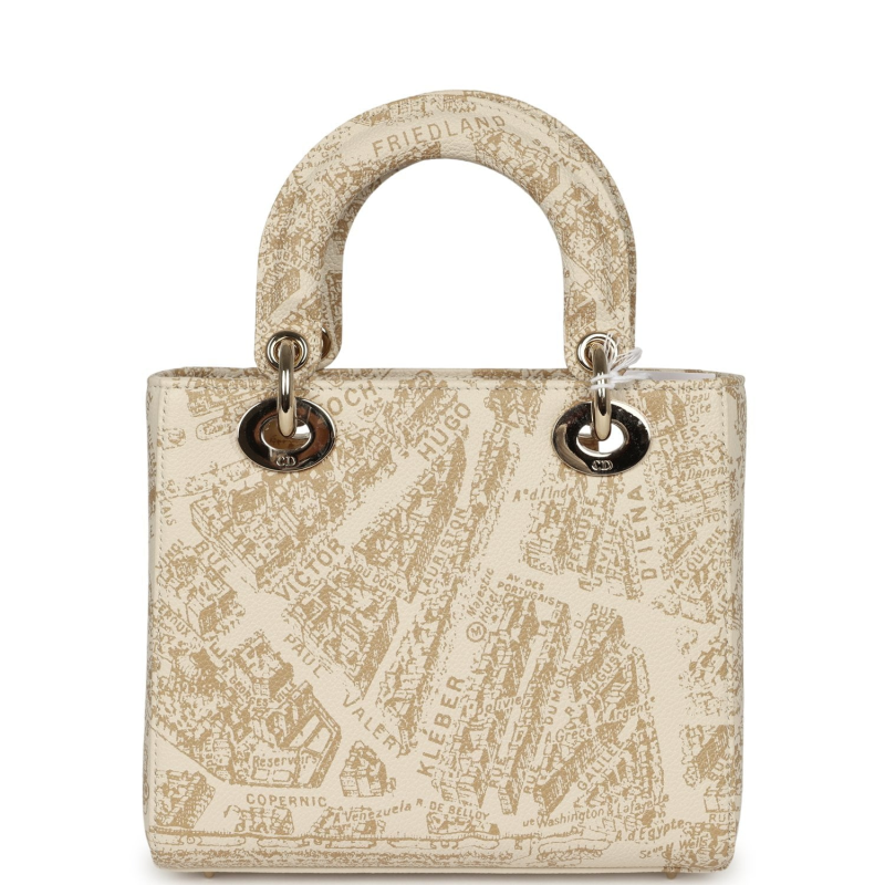 CHRISTIAN DIOR SMALL "PLAN DE PARIS" LADY DIOR BAG NATUREL, WHITE GRAINED CALFSKIN LIGHT GOLD HARDWARE