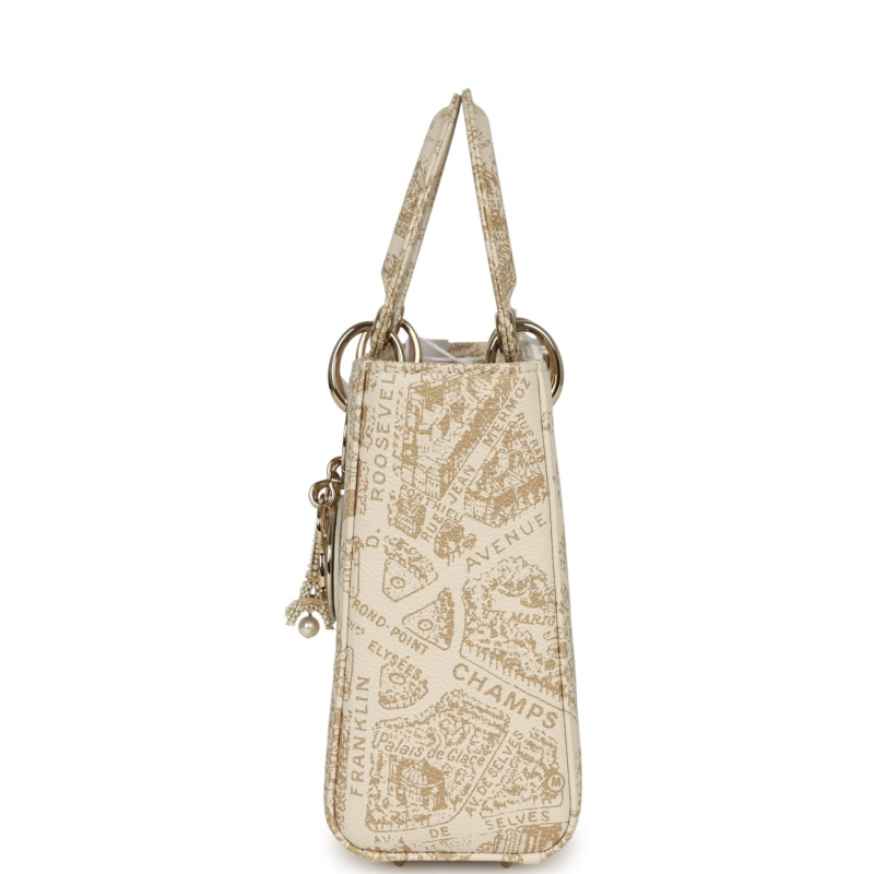 CHRISTIAN DIOR SMALL "PLAN DE PARIS" LADY DIOR BAG NATUREL, WHITE GRAINED CALFSKIN LIGHT GOLD HARDWARE