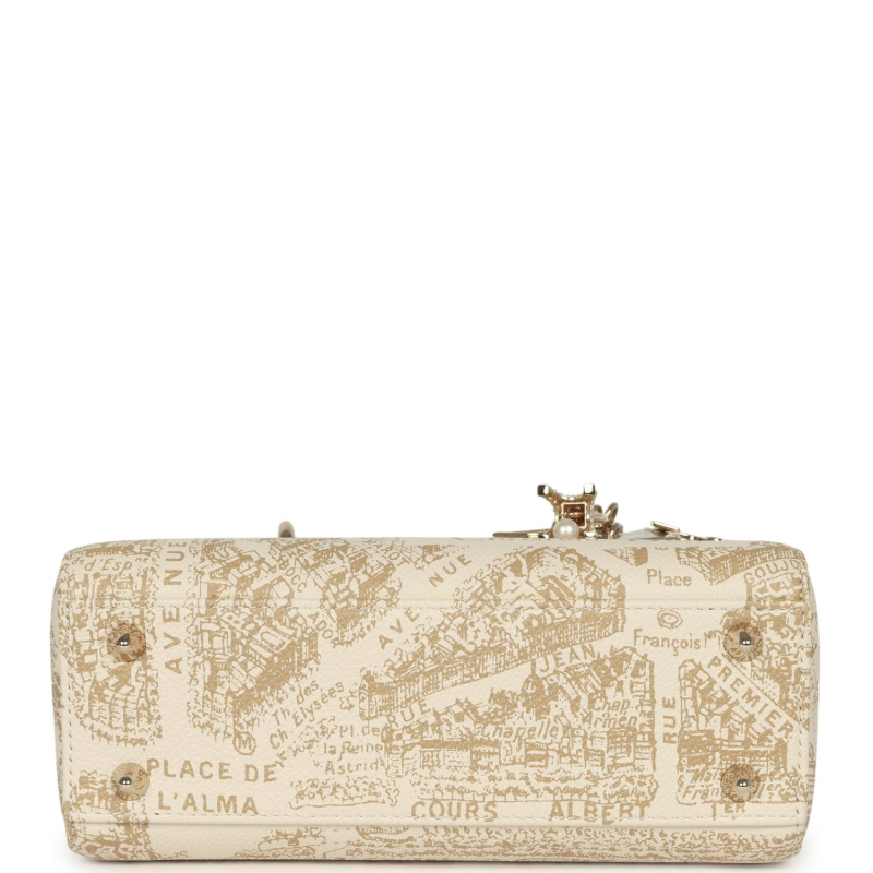 CHRISTIAN DIOR SMALL "PLAN DE PARIS" LADY DIOR BAG NATUREL, WHITE GRAINED CALFSKIN LIGHT GOLD HARDWARE