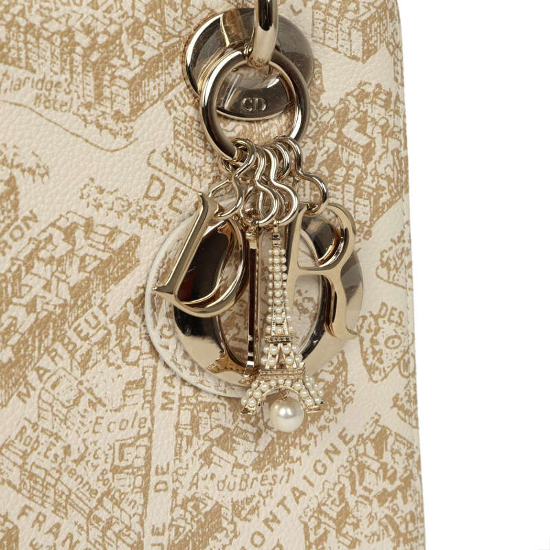 CHRISTIAN DIOR SMALL "PLAN DE PARIS" LADY DIOR BAG NATUREL, WHITE GRAINED CALFSKIN LIGHT GOLD HARDWARE