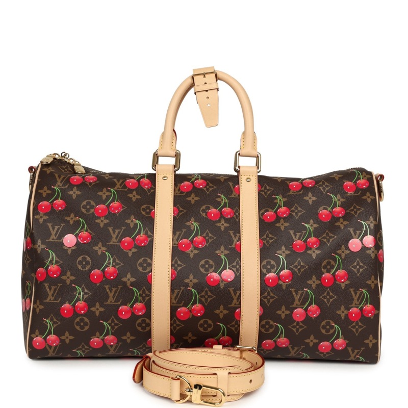 LOUIS VUITTON X TAKASHI MURAKAMI CHERIES KEEPALL BANDOULIERE 45 RED, BROWN MONOGRAM CHERRY GOLD HARDWARE