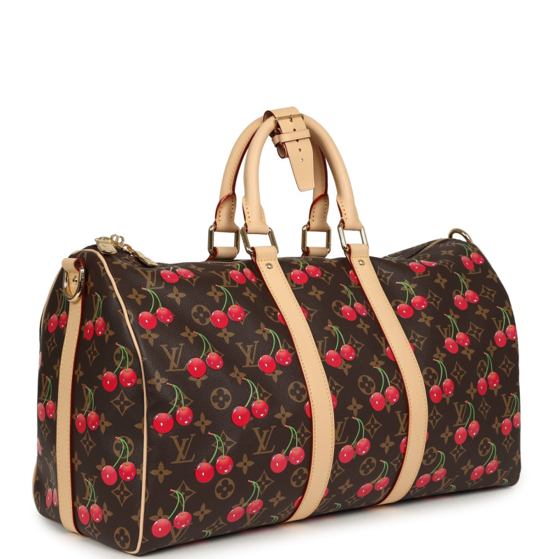 LOUIS VUITTON X TAKASHI MURAKAMI CHERIES KEEPALL BANDOULIERE 45 RED, BROWN MONOGRAM CHERRY GOLD HARDWARE