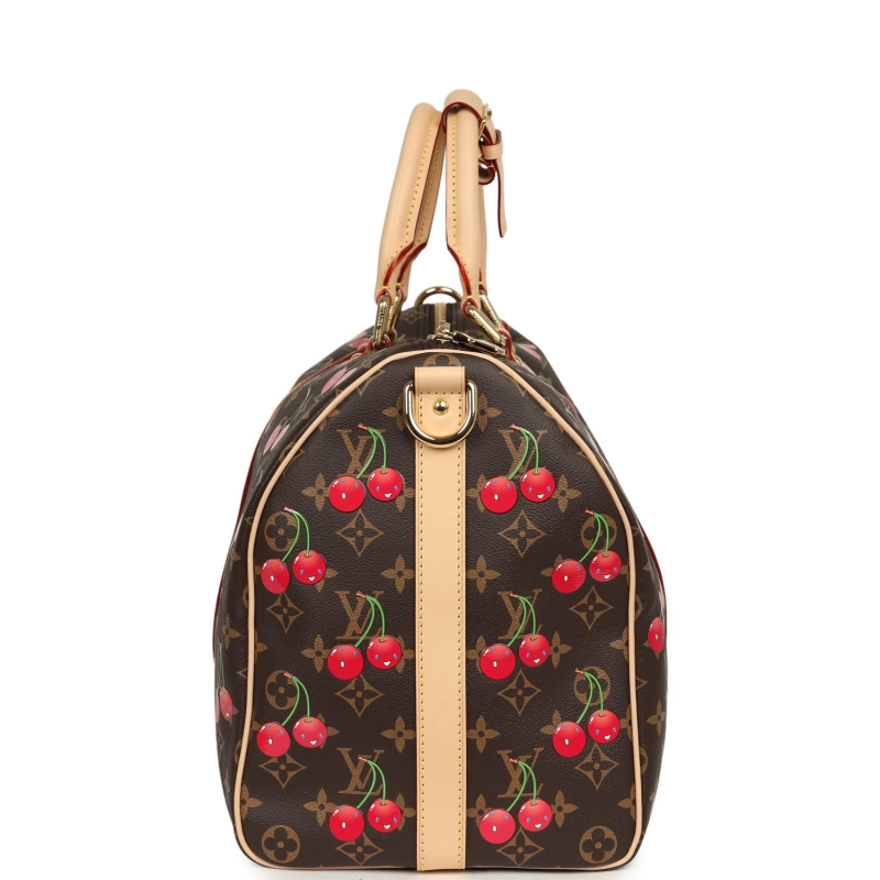 LOUIS VUITTON X TAKASHI MURAKAMI CHERIES KEEPALL BANDOULIERE 45 RED, BROWN MONOGRAM CHERRY GOLD HARDWARE