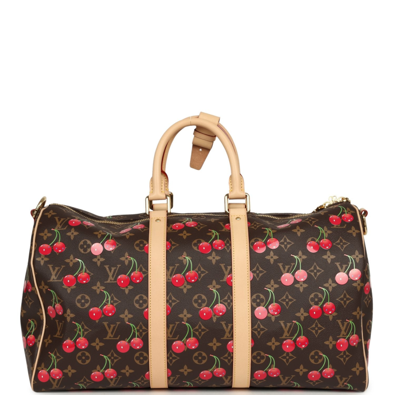 LOUIS VUITTON X TAKASHI MURAKAMI CHERIES KEEPALL BANDOULIERE 45 RED, BROWN MONOGRAM CHERRY GOLD HARDWARE