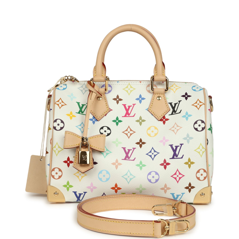 LOUIS VUITTON X TAKASHI MURAKAMI SPEEDY 25 BANDOULIERE WHITE MULTICOLORED MONOGRAM GOLD HARDWARE