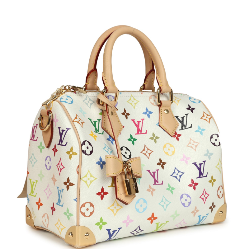 LOUIS VUITTON X TAKASHI MURAKAMI SPEEDY 25 BANDOULIERE WHITE MULTICOLORED MONOGRAM GOLD HARDWARE